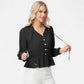 Long Sleeve Button Front Peplum Blouse with V-Neckline and Gathered Waist Detail