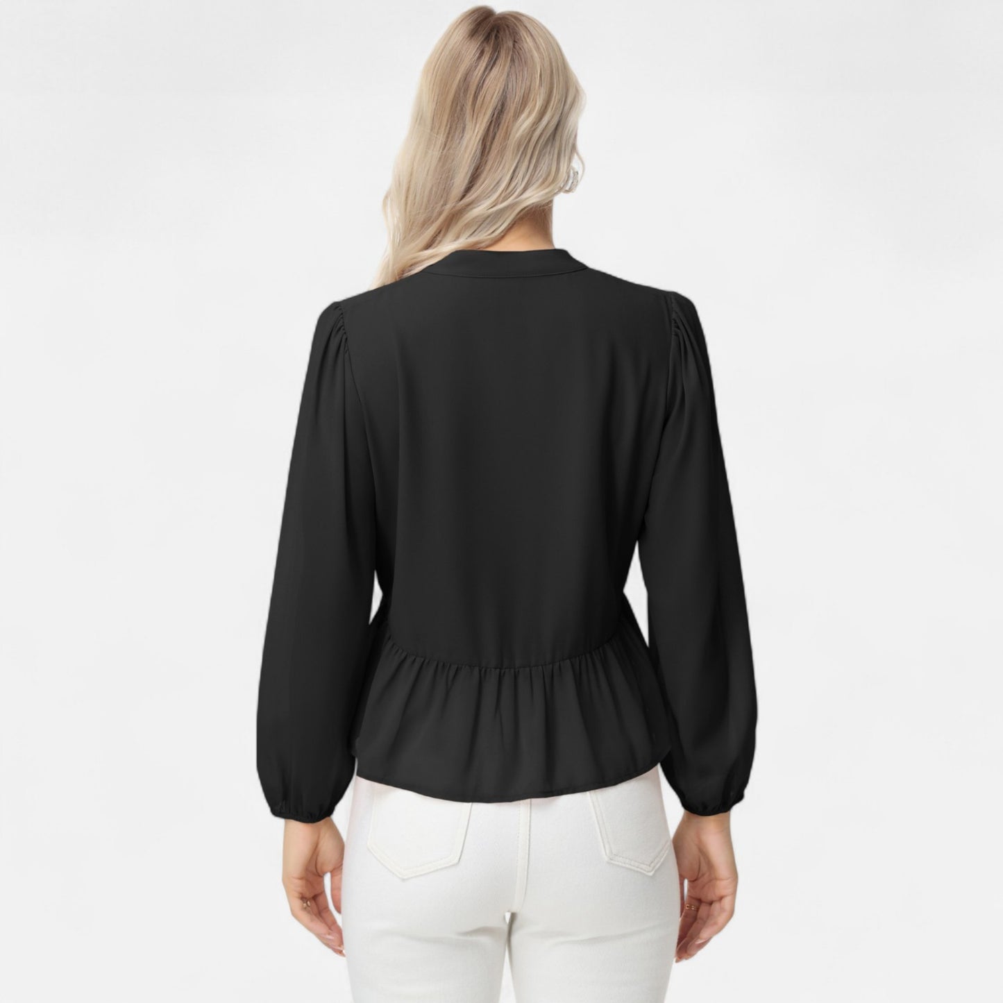 Long Sleeve Button Front Peplum Blouse with V-Neckline and Gathered Waist Detail