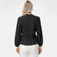 Long Sleeve Button Front Peplum Blouse with V-Neckline and Gathered Waist Detail