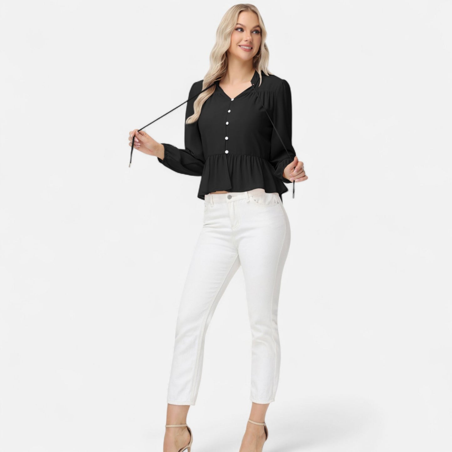 Long Sleeve Button Front Peplum Blouse with V-Neckline and Gathered Waist Detail