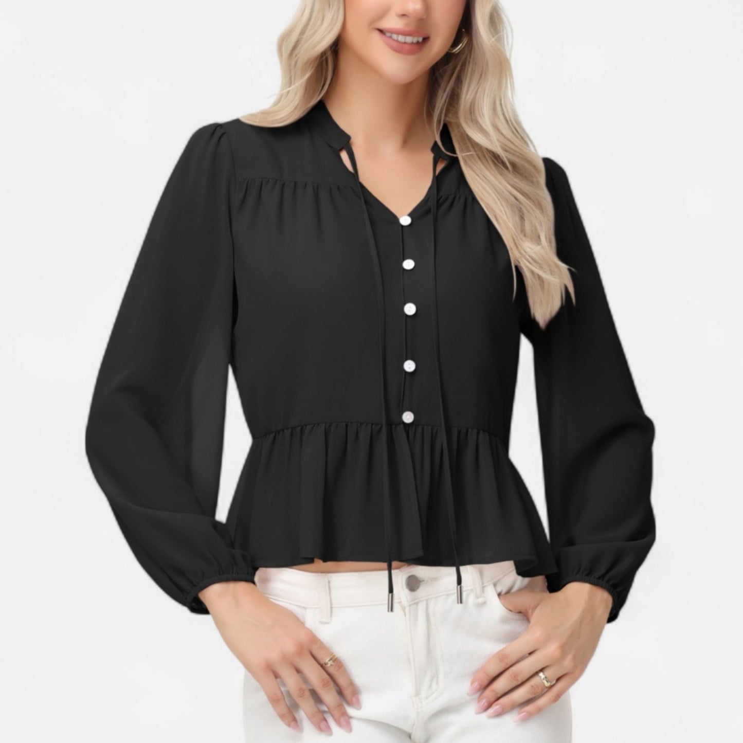 Long Sleeve Button Front Peplum Blouse with V-Neckline and Gathered Waist Detail