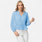 Long Sleeve Button Front Peplum Blouse with V-Neckline and Gathered Waist Detail