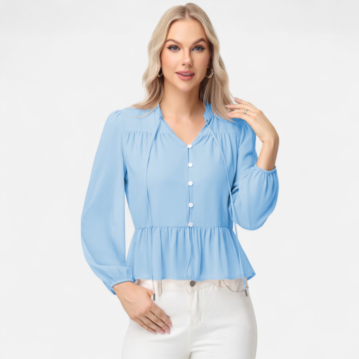 Long Sleeve Button Front Peplum Blouse with V-Neckline and Gathered Waist Detail