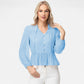 Long Sleeve Button Front Peplum Blouse with V-Neckline and Gathered Waist Detail