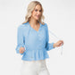Long Sleeve Button Front Peplum Blouse with V-Neckline and Gathered Waist Detail