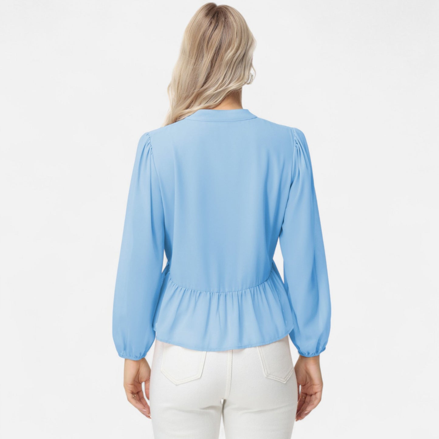 Long Sleeve Button Front Peplum Blouse with V-Neckline and Gathered Waist Detail