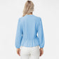 Long Sleeve Button Front Peplum Blouse with V-Neckline and Gathered Waist Detail