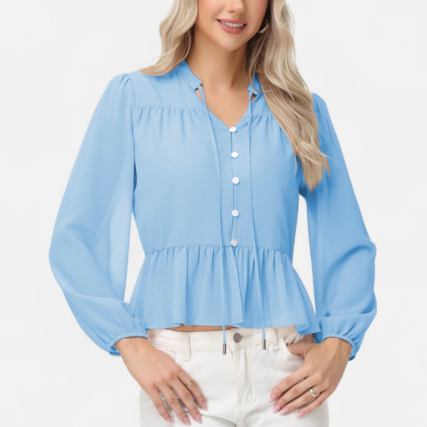 Long Sleeve Button Front Peplum Blouse with V-Neckline and Gathered Waist Detail