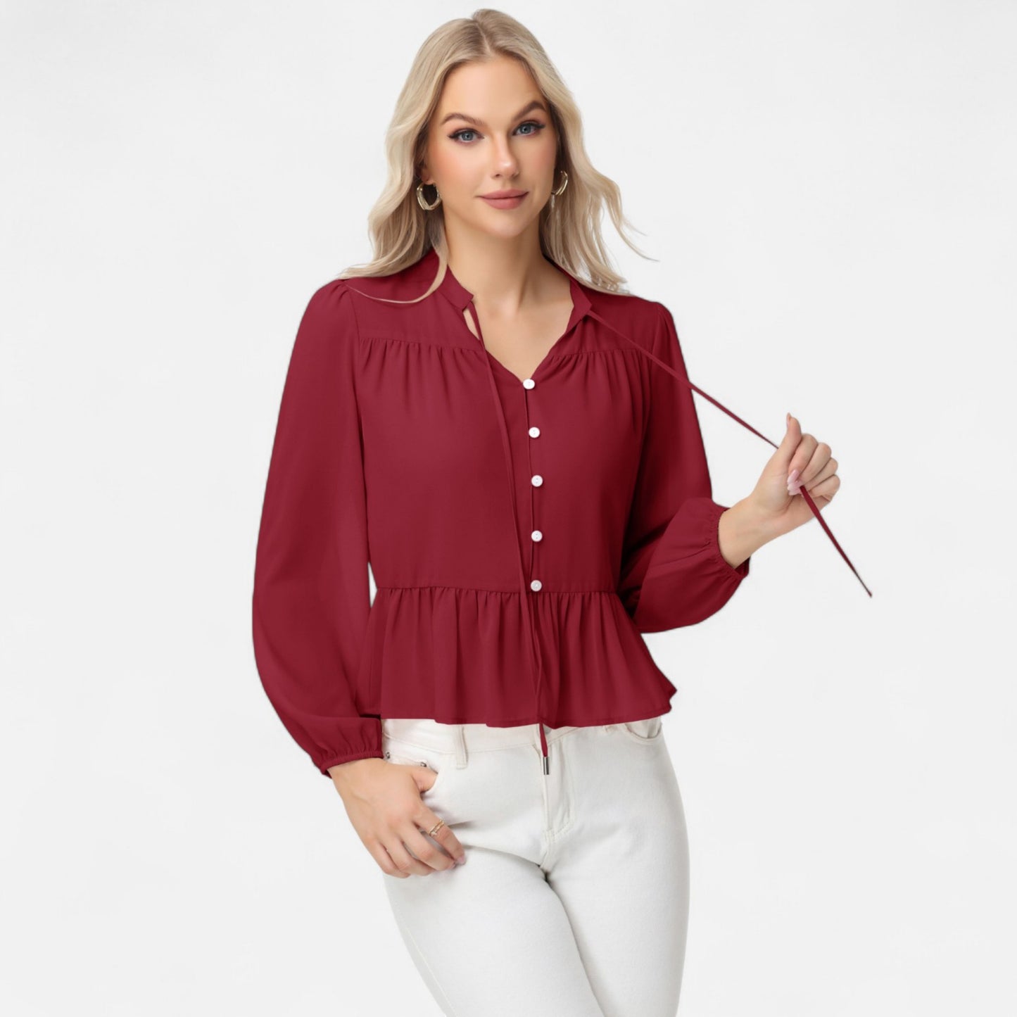 Long Sleeve Button Front Peplum Blouse with V-Neckline and Gathered Waist Detail