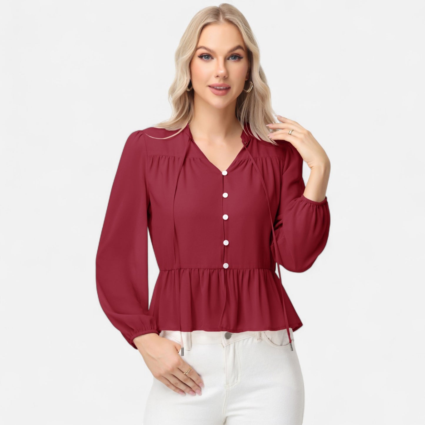 Long Sleeve Button Front Peplum Blouse with V-Neckline and Gathered Waist Detail