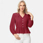 Long Sleeve Button Front Peplum Blouse with V-Neckline and Gathered Waist Detail