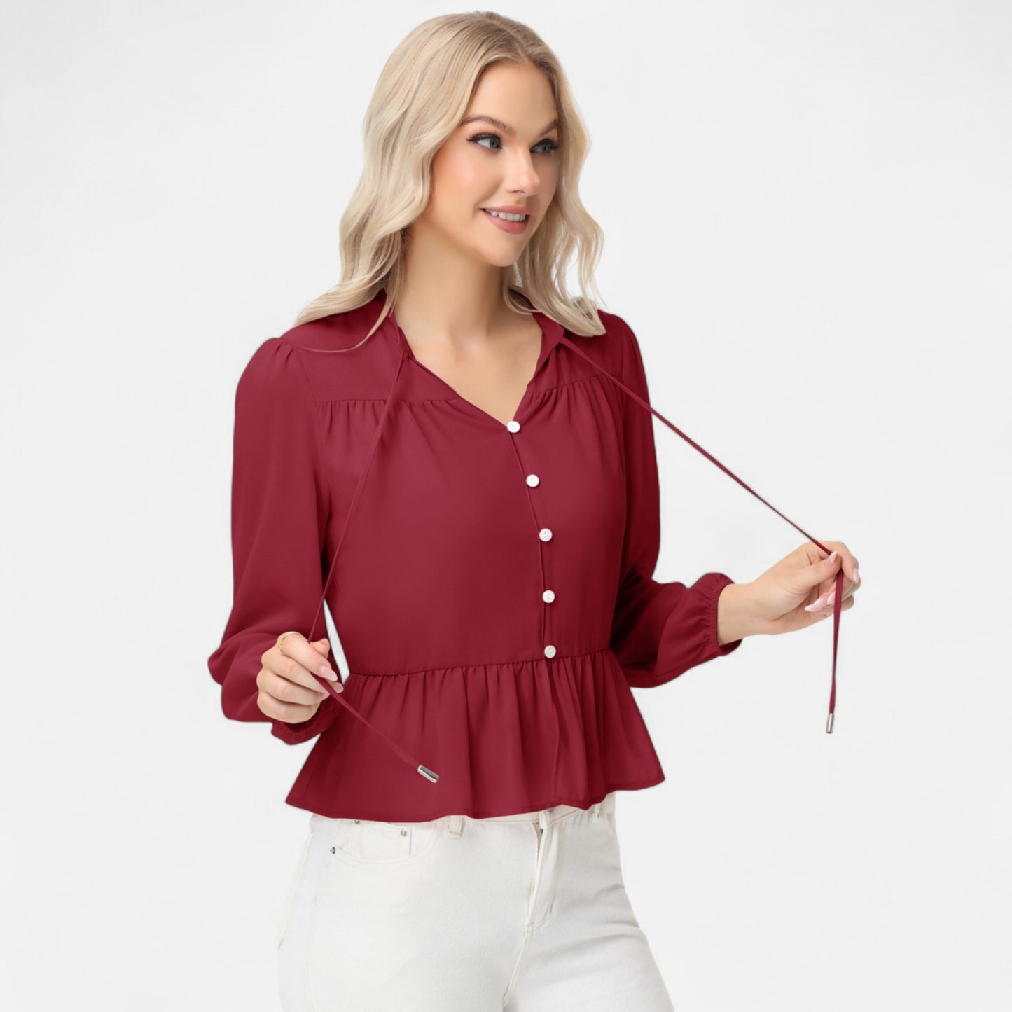 Long Sleeve Button Front Peplum Blouse with V-Neckline and Gathered Waist Detail