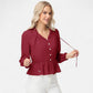 Long Sleeve Button Front Peplum Blouse with V-Neckline and Gathered Waist Detail