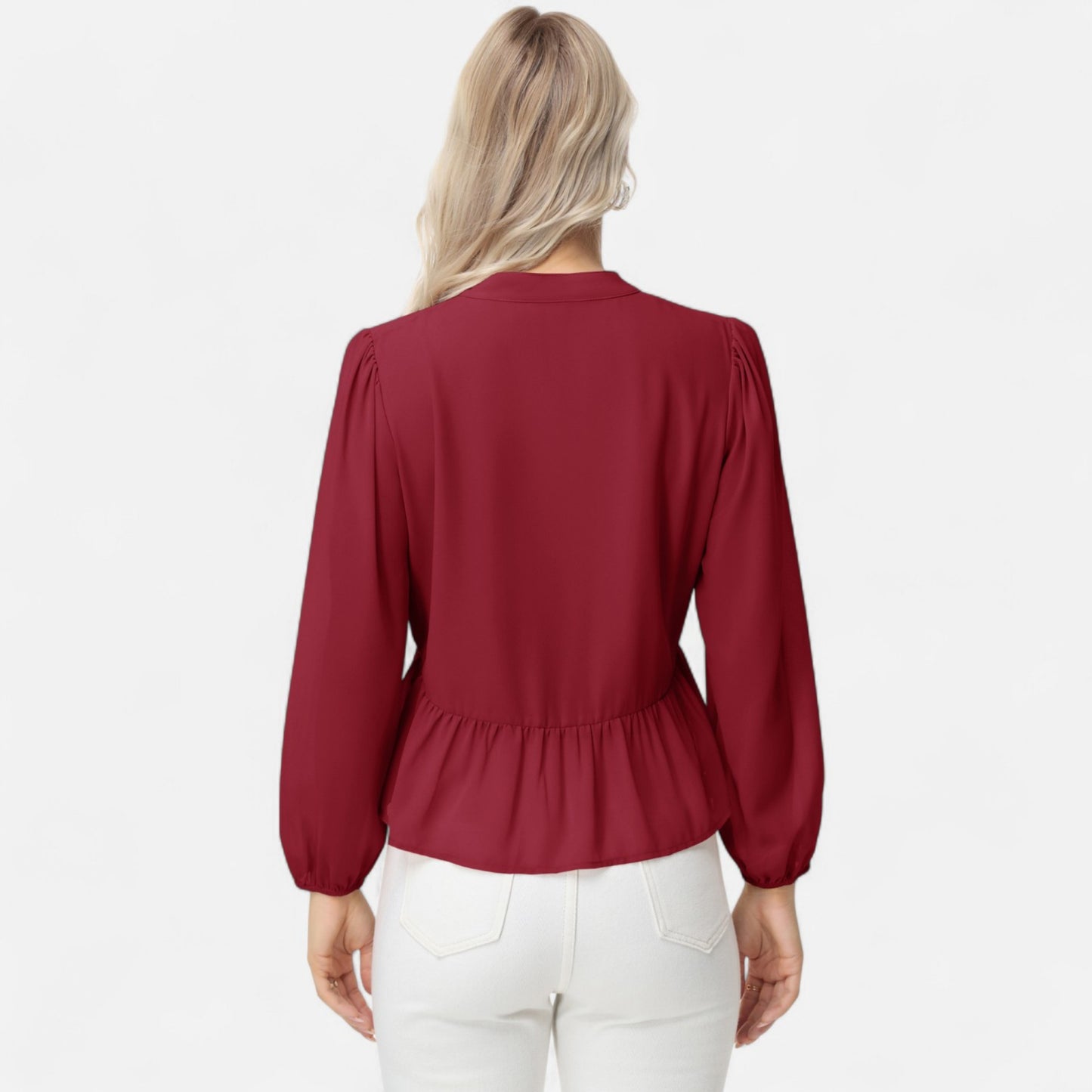 Long Sleeve Button Front Peplum Blouse with V-Neckline and Gathered Waist Detail