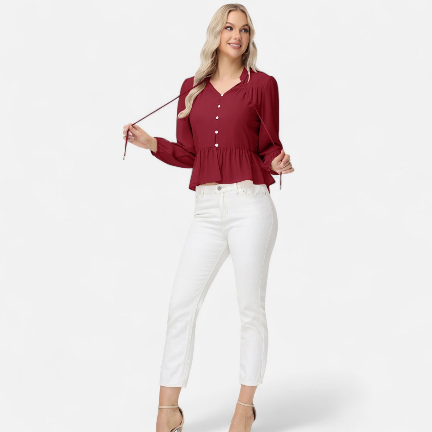 Long Sleeve Button Front Peplum Blouse with V-Neckline and Gathered Waist Detail