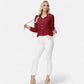 Long Sleeve Button Front Peplum Blouse with V-Neckline and Gathered Waist Detail