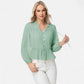 Long Sleeve Button Front Peplum Blouse with V-Neckline and Gathered Waist Detail
