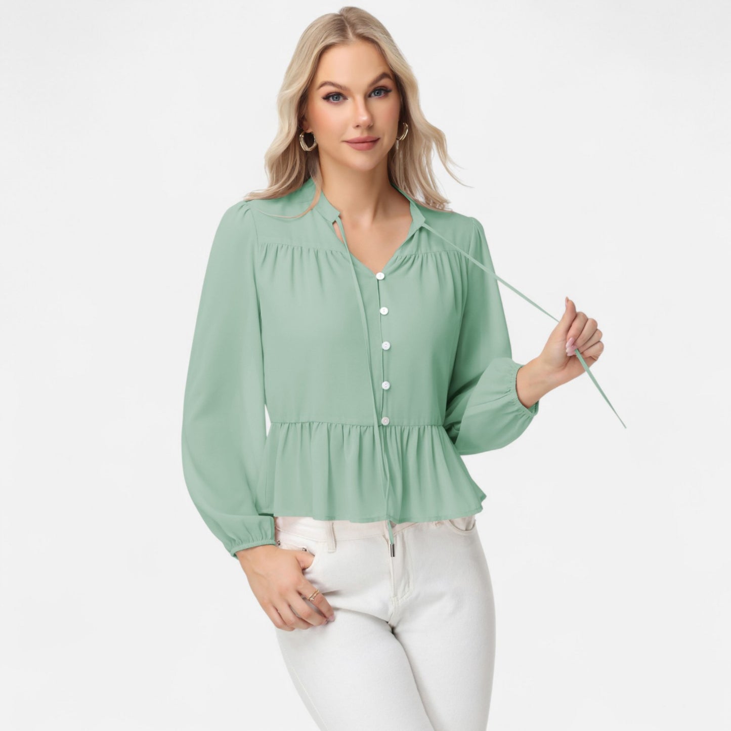 Long Sleeve Button Front Peplum Blouse with V-Neckline and Gathered Waist Detail