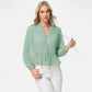 Long Sleeve Button Front Peplum Blouse with V-Neckline and Gathered Waist Detail