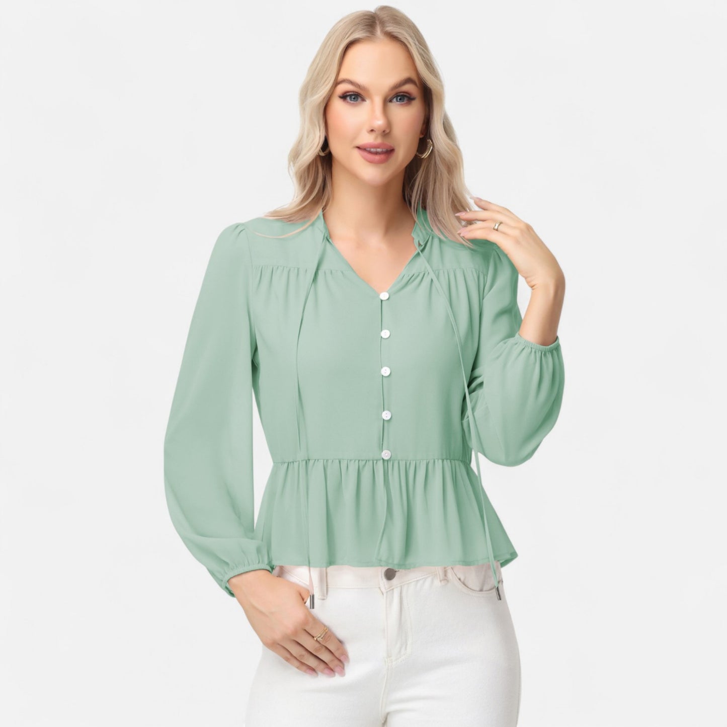 Long Sleeve Button Front Peplum Blouse with V-Neckline and Gathered Waist Detail