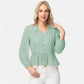 Long Sleeve Button Front Peplum Blouse with V-Neckline and Gathered Waist Detail
