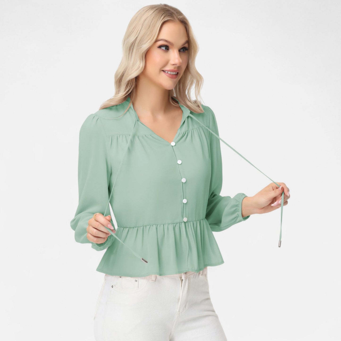 Long Sleeve Button Front Peplum Blouse with V-Neckline and Gathered Waist Detail