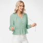 Long Sleeve Button Front Peplum Blouse with V-Neckline and Gathered Waist Detail