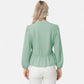 Long Sleeve Button Front Peplum Blouse with V-Neckline and Gathered Waist Detail