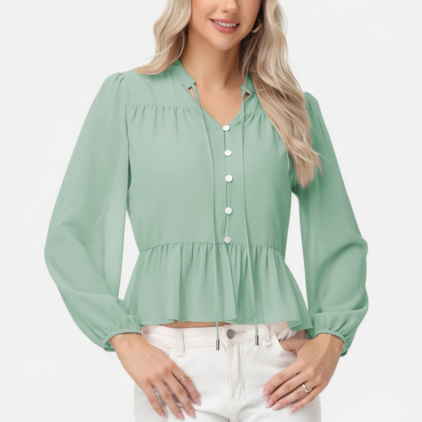 Long Sleeve Button Front Peplum Blouse with V-Neckline and Gathered Waist Detail