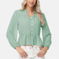 Long Sleeve Button Front Peplum Blouse with V-Neckline and Gathered Waist Detail