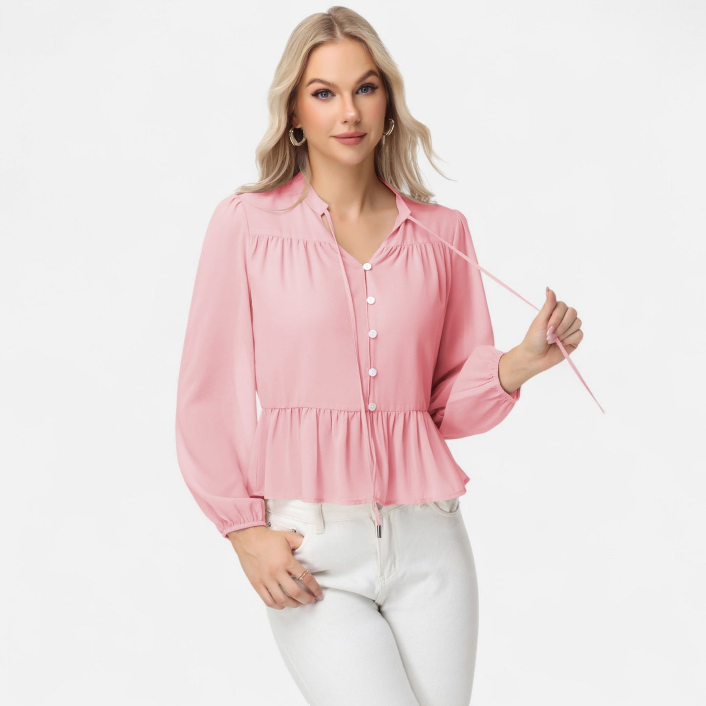 Long Sleeve Button Front Peplum Blouse with V-Neckline and Gathered Waist Detail