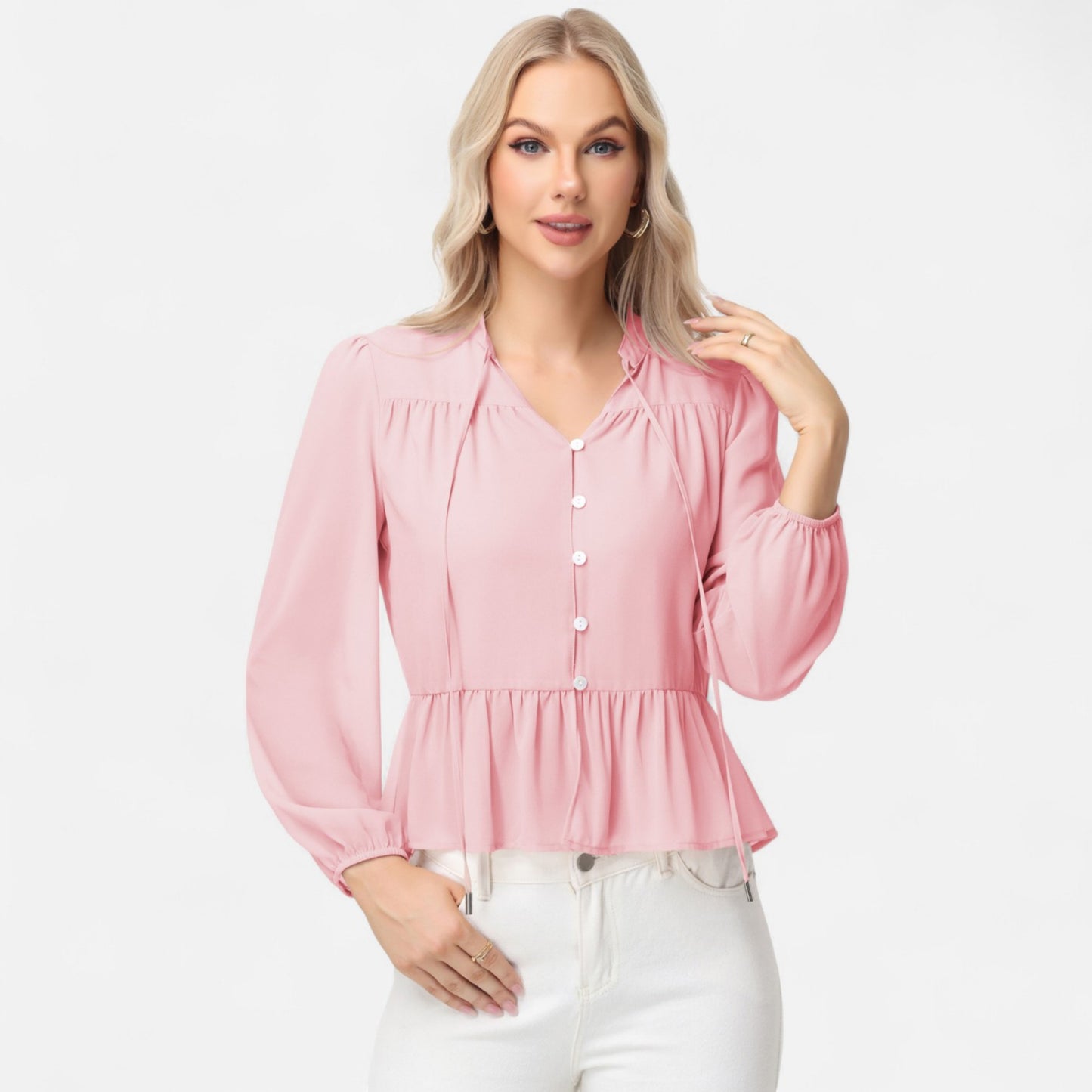 Long Sleeve Button Front Peplum Blouse with V-Neckline and Gathered Waist Detail