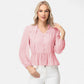 Long Sleeve Button Front Peplum Blouse with V-Neckline and Gathered Waist Detail