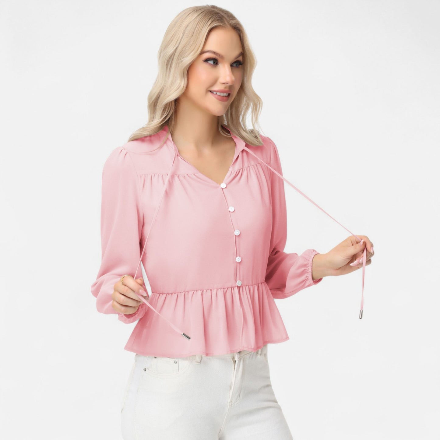 Long Sleeve Button Front Peplum Blouse with V-Neckline and Gathered Waist Detail