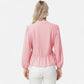 Long Sleeve Button Front Peplum Blouse with V-Neckline and Gathered Waist Detail