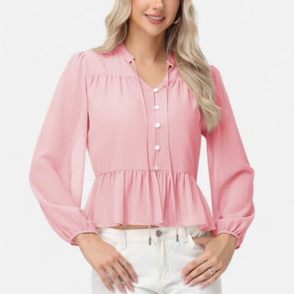 Long Sleeve Button Front Peplum Blouse with V-Neckline and Gathered Waist Detail