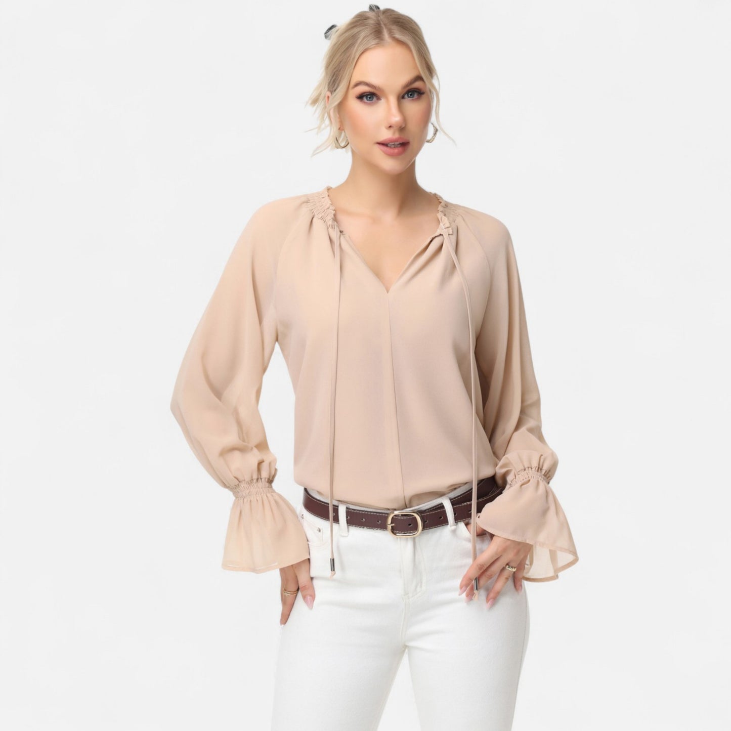 Long Sleeve Blouse with Flounce Cuffs and Ruffle Trim Tie Neck Design