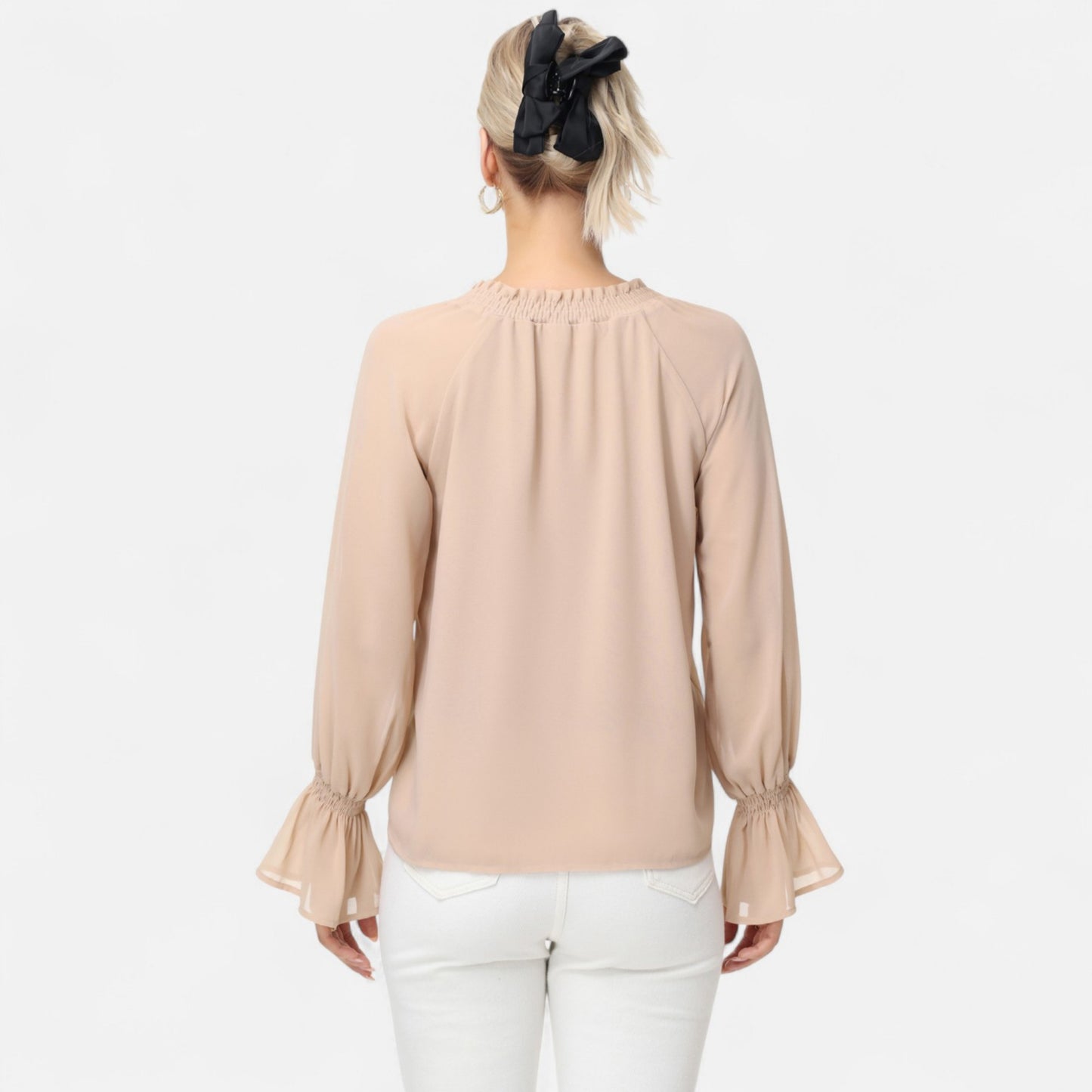 Long Sleeve Blouse with Flounce Cuffs and Ruffle Trim Tie Neck Design
