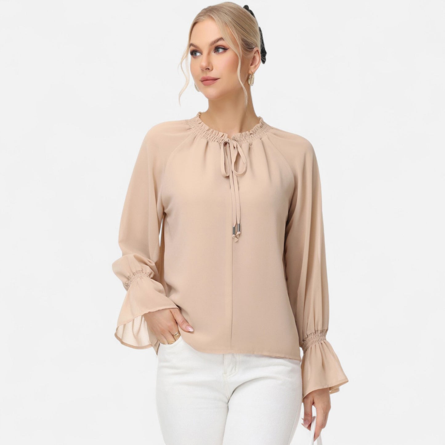 Long Sleeve Blouse with Flounce Cuffs and Ruffle Trim Tie Neck Design