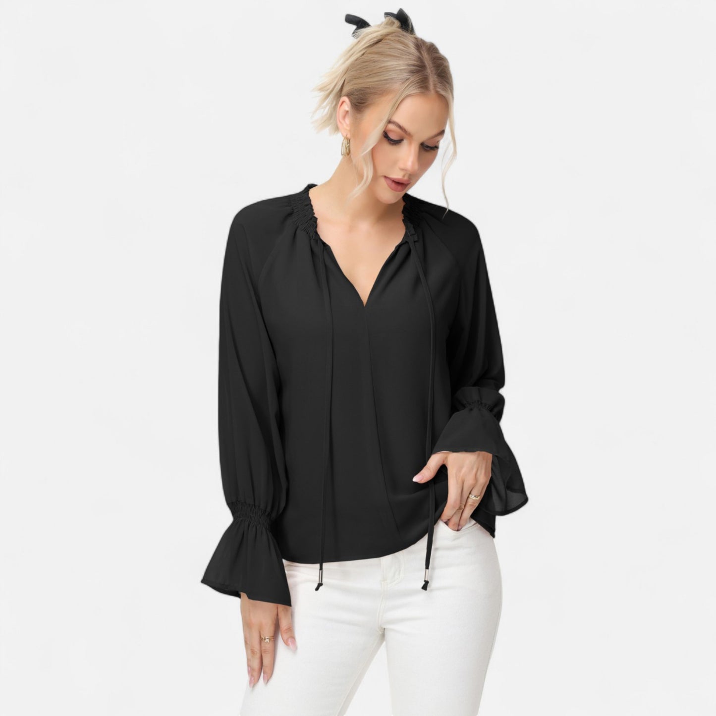 Long Sleeve Blouse with Flounce Cuffs and Ruffle Trim Tie Neck Design