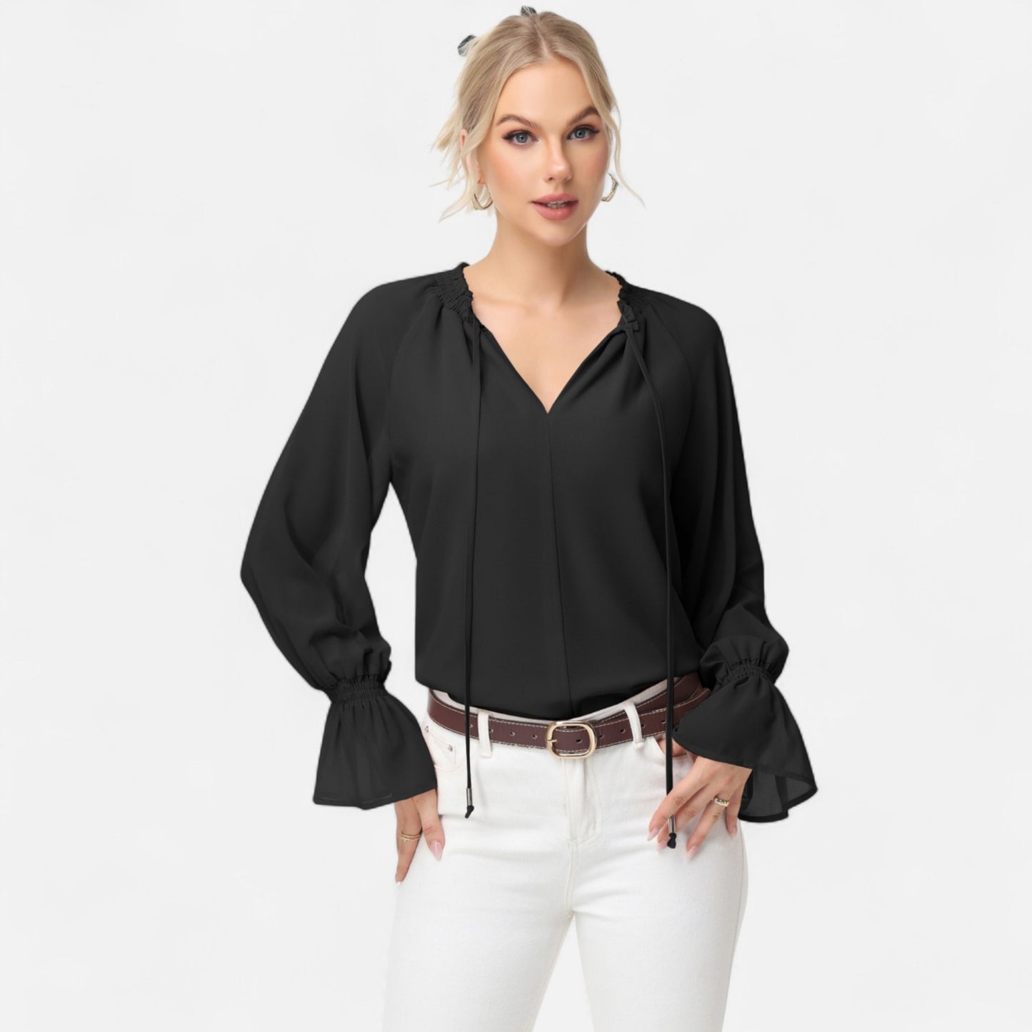 Long Sleeve Blouse with Flounce Cuffs and Ruffle Trim Tie Neck Design