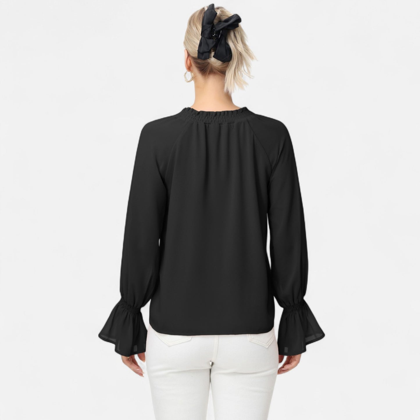 Long Sleeve Blouse with Flounce Cuffs and Ruffle Trim Tie Neck Design