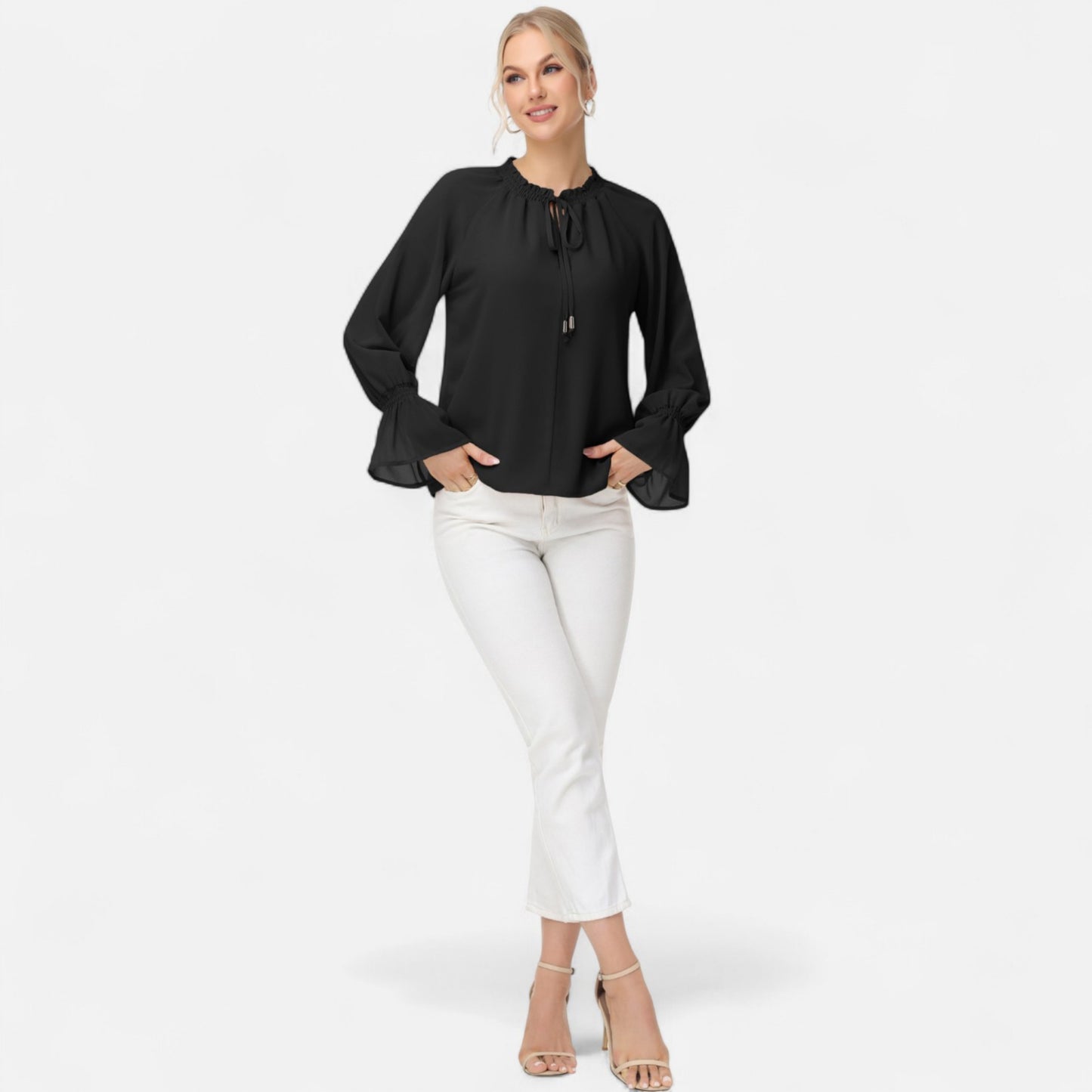 Long Sleeve Blouse with Flounce Cuffs and Ruffle Trim Tie Neck Design