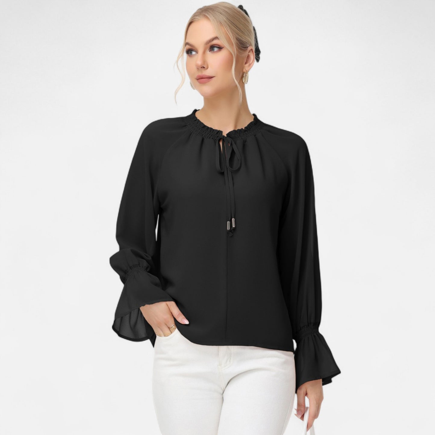 Long Sleeve Blouse with Flounce Cuffs and Ruffle Trim Tie Neck Design