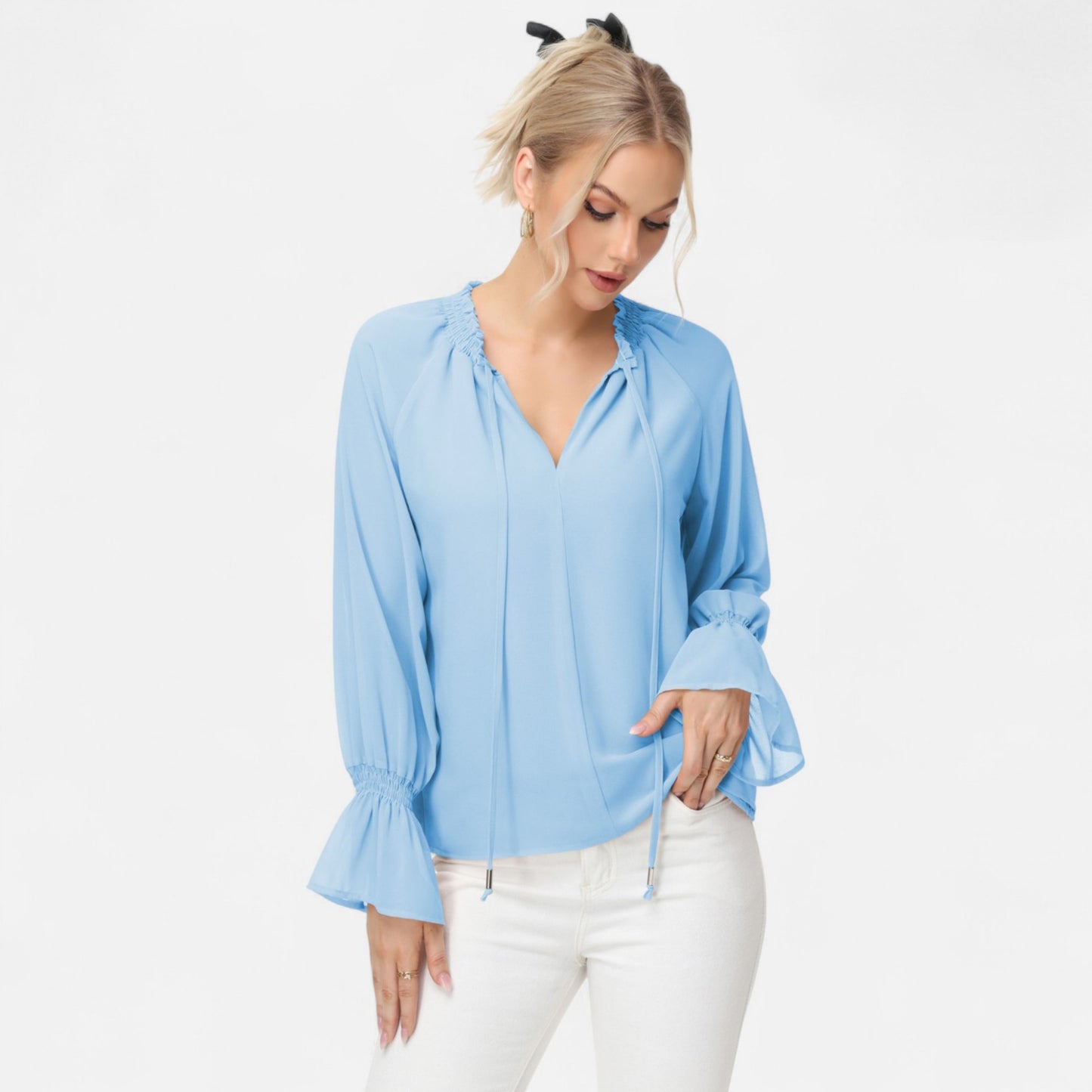 Long Sleeve Blouse with Flounce Cuffs and Ruffle Trim Tie Neck Design