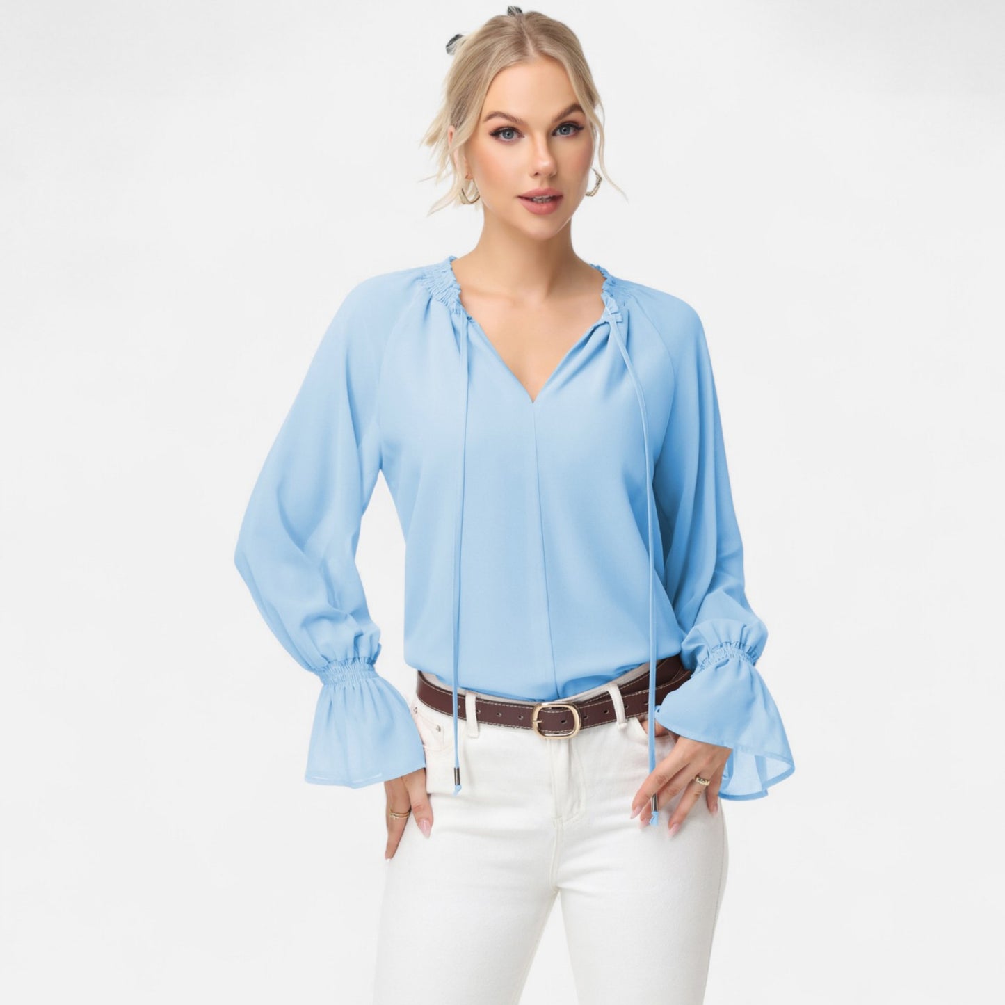 Long Sleeve Blouse with Flounce Cuffs and Ruffle Trim Tie Neck Design