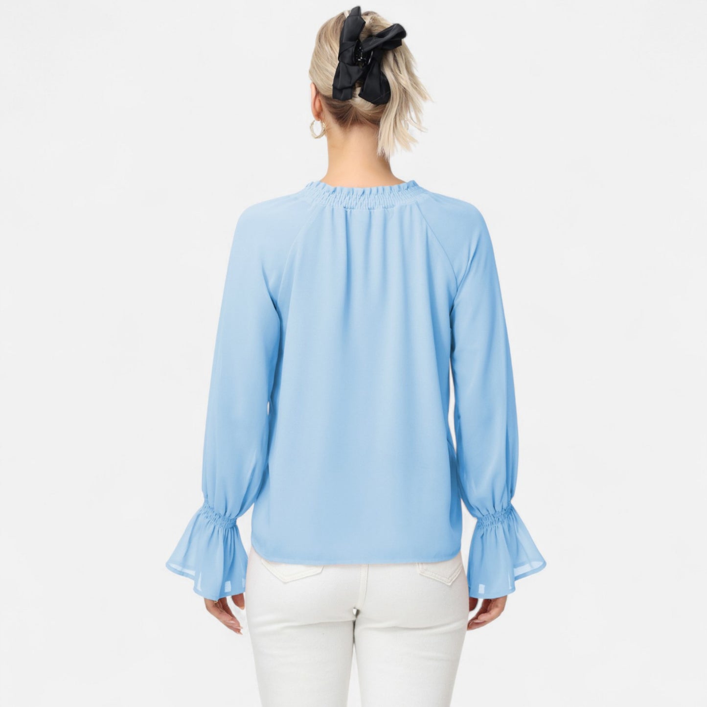 Long Sleeve Blouse with Flounce Cuffs and Ruffle Trim Tie Neck Design