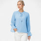 Long Sleeve Blouse with Flounce Cuffs and Ruffle Trim Tie Neck Design