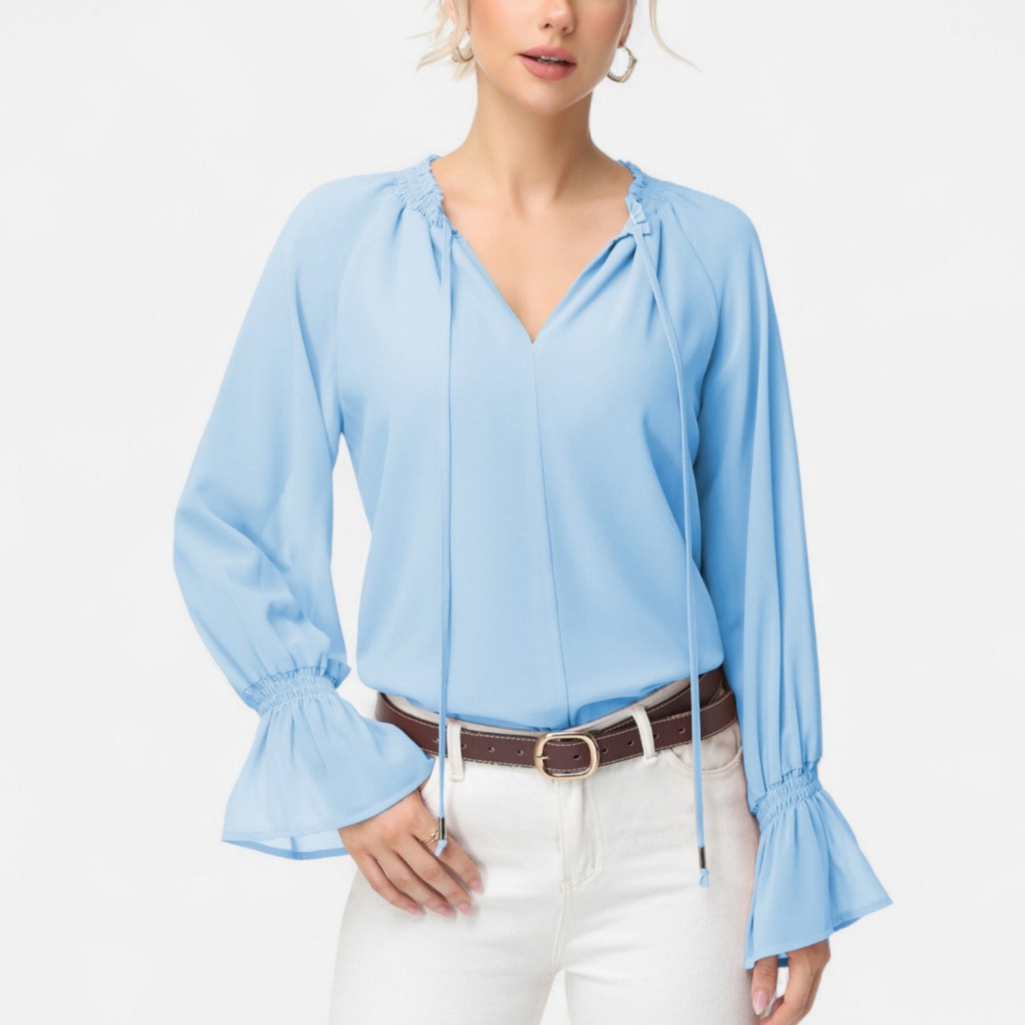 Long Sleeve Blouse with Flounce Cuffs and Ruffle Trim Tie Neck Design