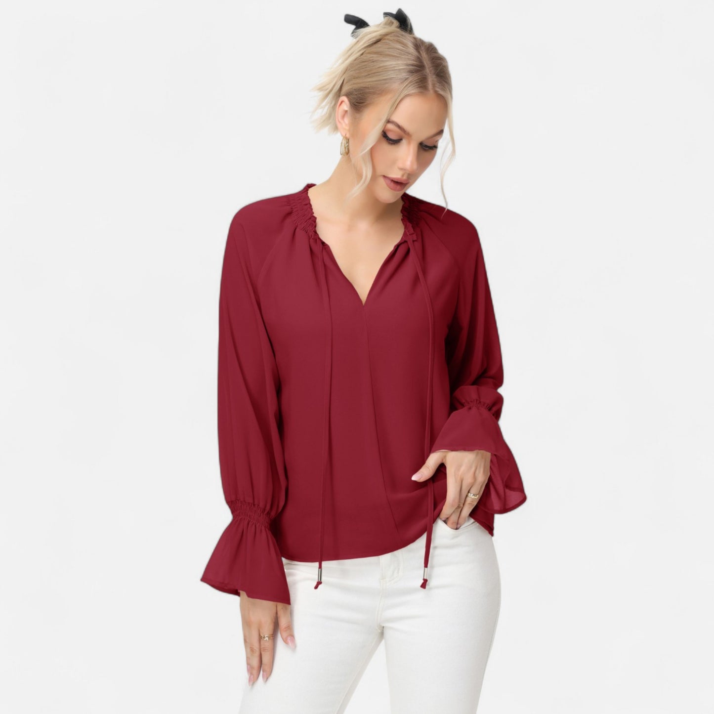 Long Sleeve Blouse with Flounce Cuffs and Ruffle Trim Tie Neck Design